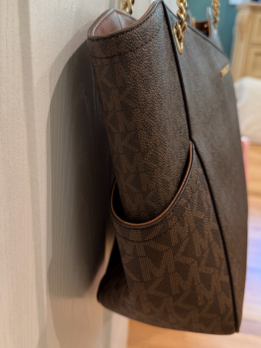 Michael Kors Jet Set Brown MK Logo Chain-Handle Tote - Picture 4 of 8